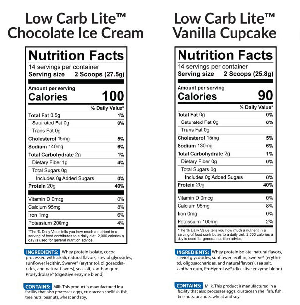 Low Carb Lite Nutrition Facts - Chocolate Ice Cream and Vanilla Cupcake Flavors