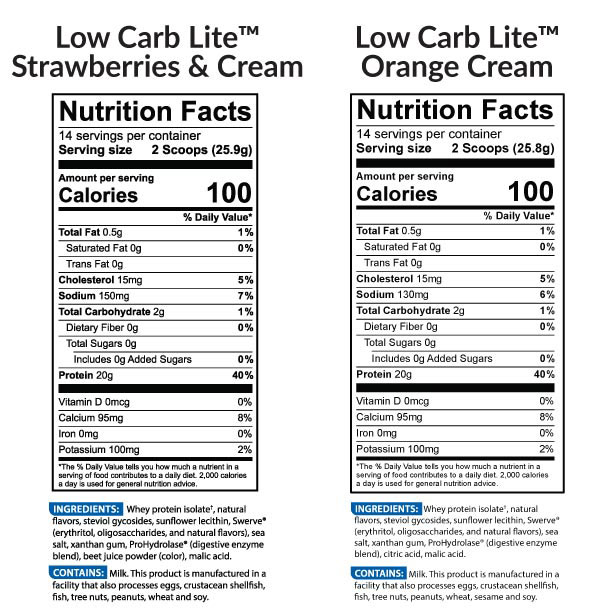 Low Carb Lite Nutrition Facts - Strawberries and Cream and Orange Cream Flavors