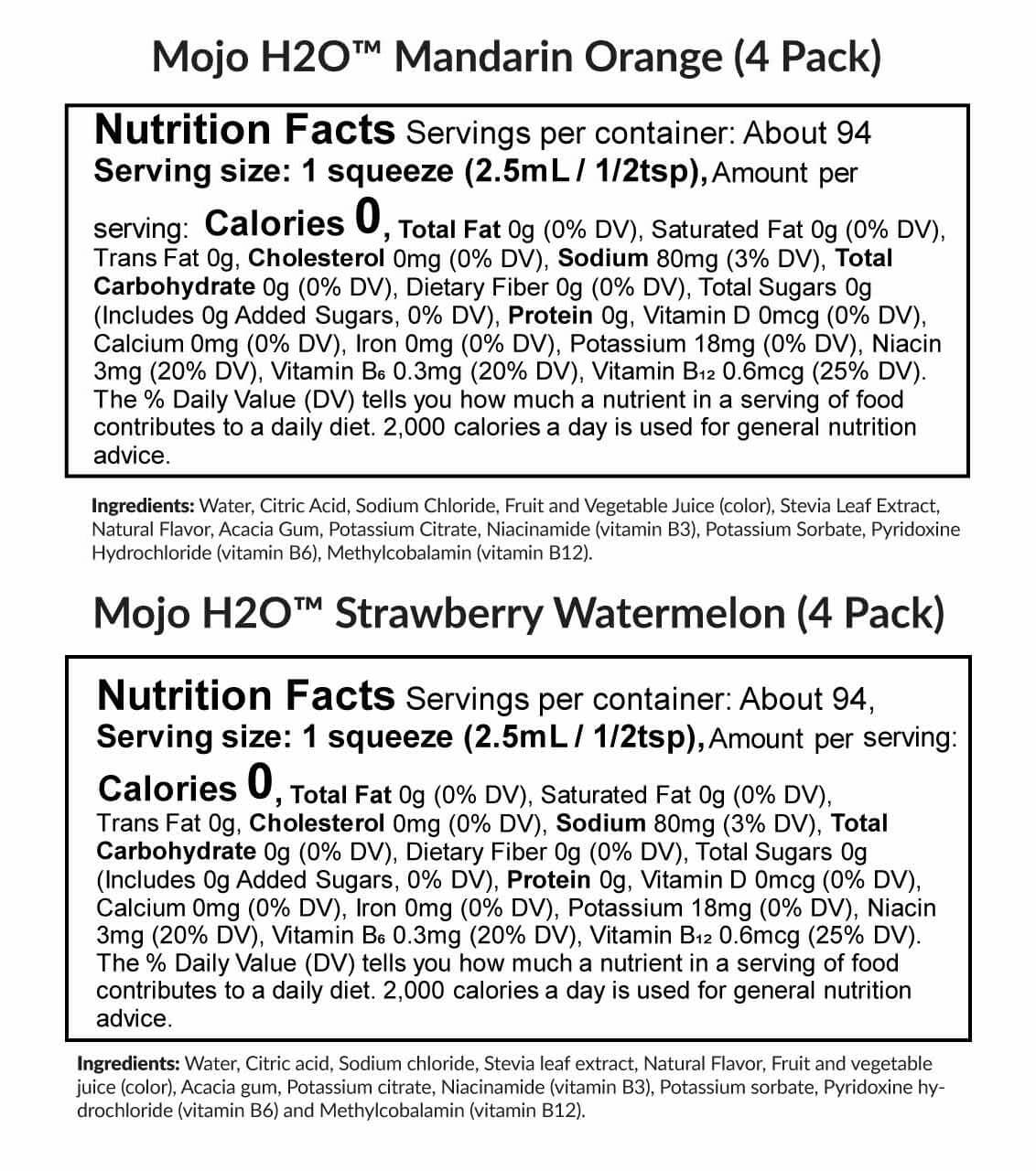 Mojo H2O Nutrition Facts