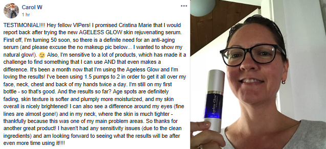Carol W facebook review of ageless glow
