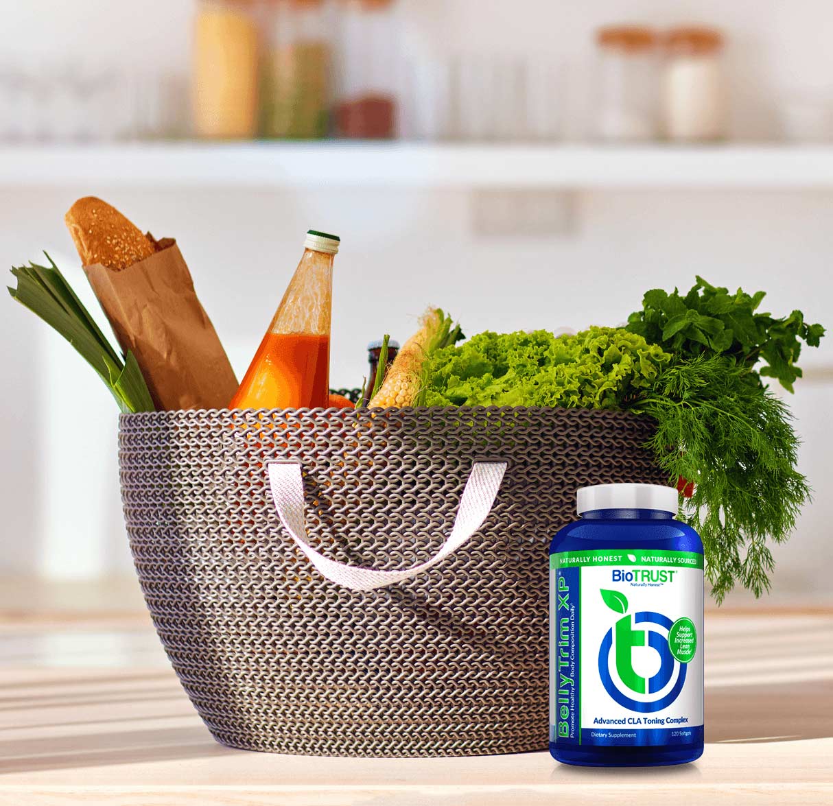 bottle of BellyTrim XP with groceries in weaved basket