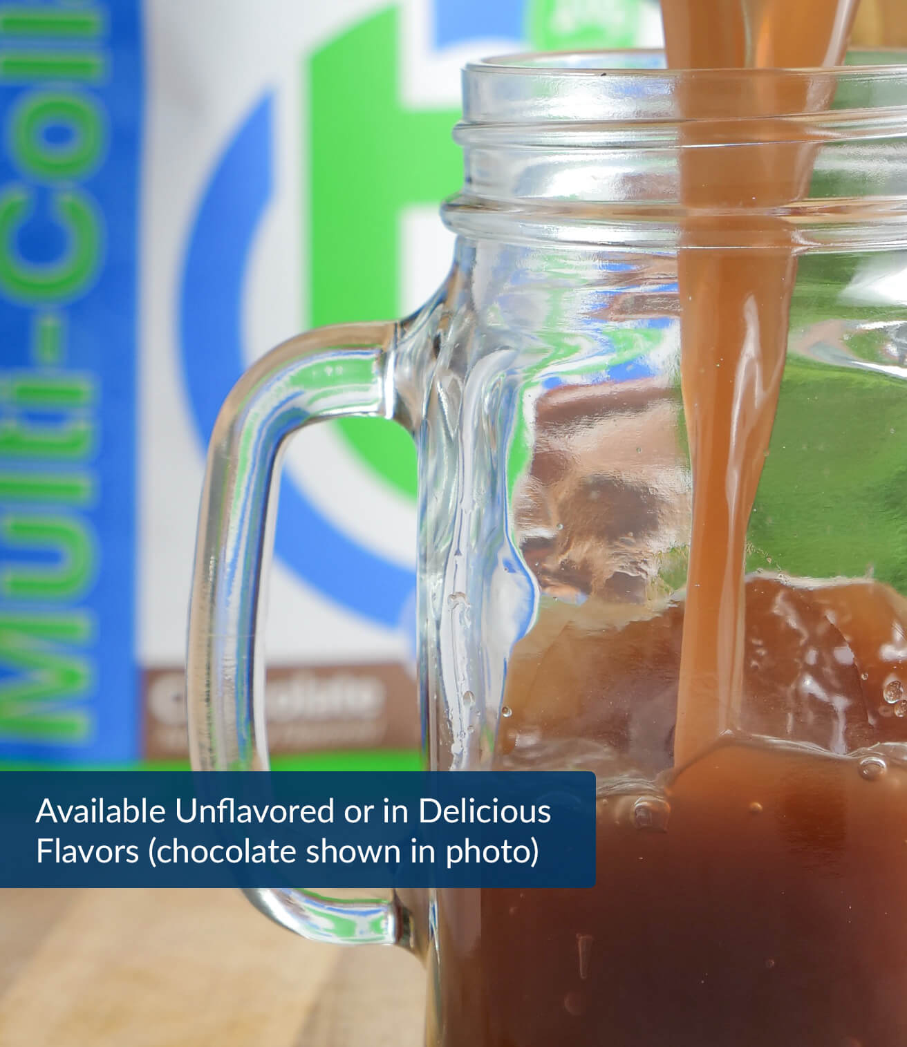Pouring Chocolate-flavored Ageless Multi-Collagen Protein Powder mixed with water into a glass