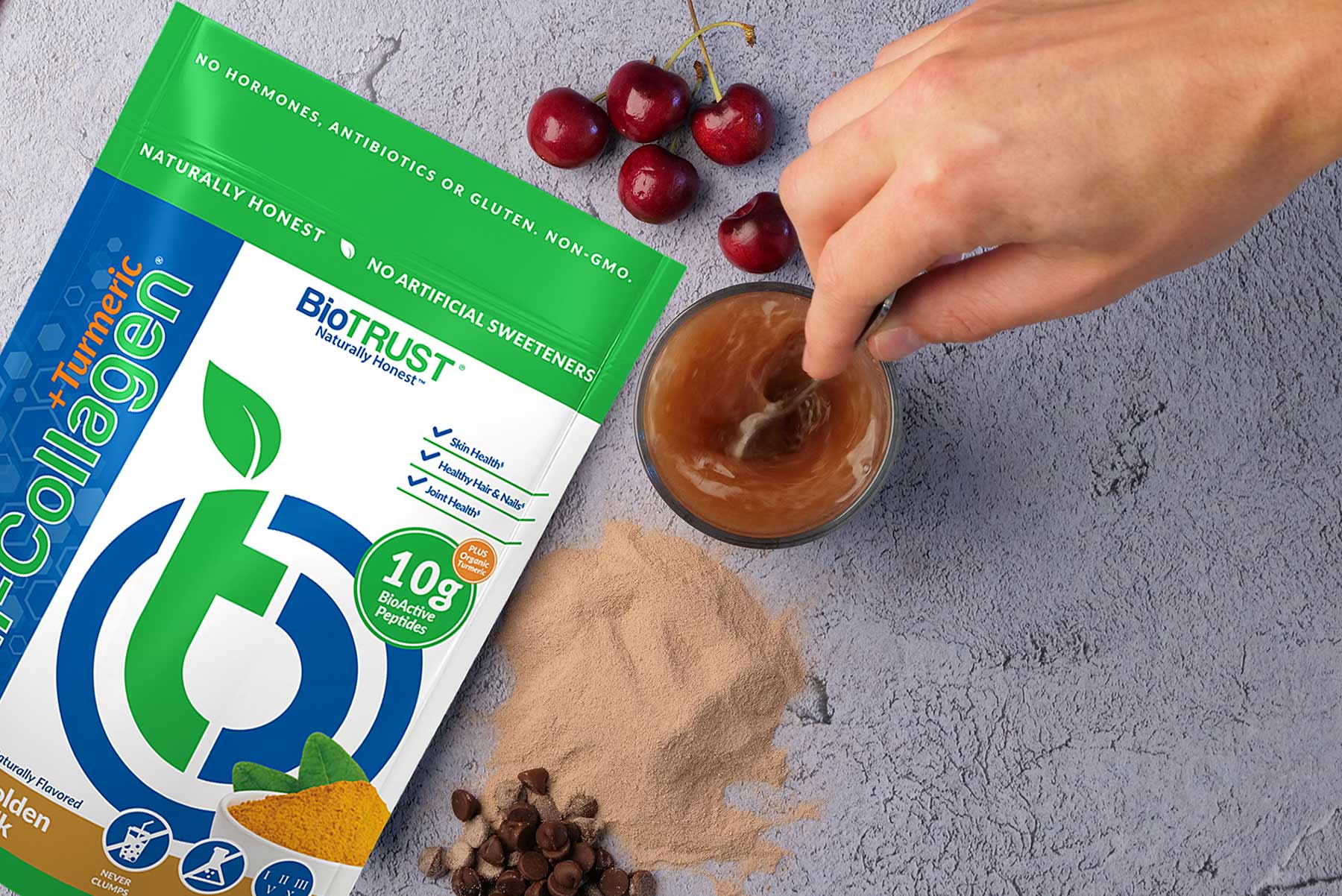 mixing Ageless Multi-Collagen plus Turmeric in a glass